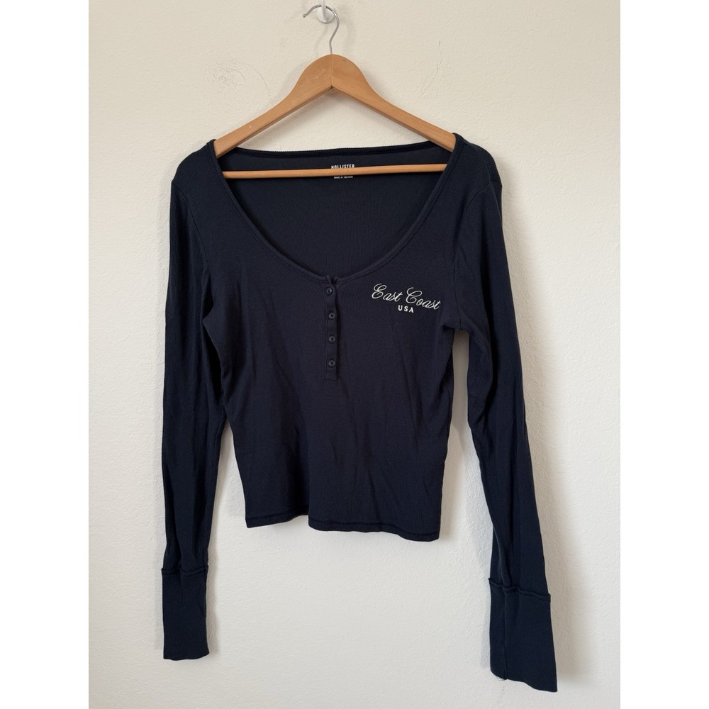 Y2K Hollister Women's Ribbed Henley Top Size Large Navy Blue Long Sleeve